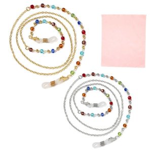 Anti-Slip Eyeglass Chains &amp; Microfiber cloth-Gold &amp; Silver-Color Bead - 2 Pack