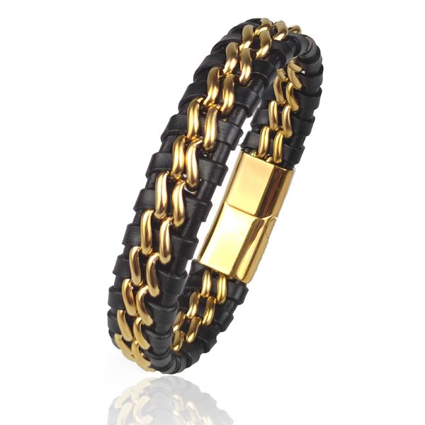 IPSTYLE Genuine Leather Chain Bracelet for Men Magnetic Stainless Steel