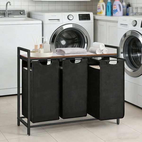 Laundry Hamper 3 Linen Bags Clothes Storage Shelf with Table Laundry Basket