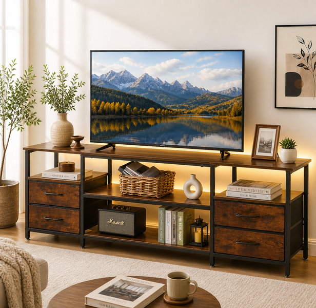 Led TV Stand with Power Outlet Entertainment Center 4 Storage Drawers