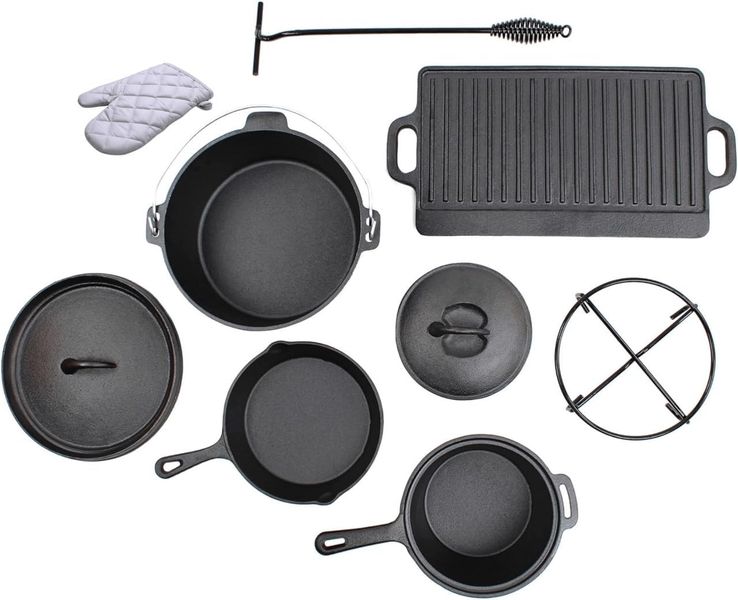 7 Piece Cast Iron Cookware Set for Outdoor &amp; Campfire Cooking