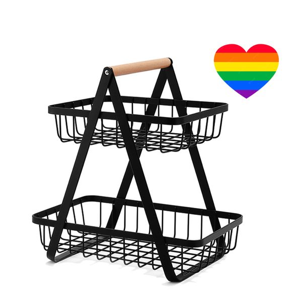 Home Kitchen Fruit 2-Tier Basket - Square 32cm with Heart Sticker