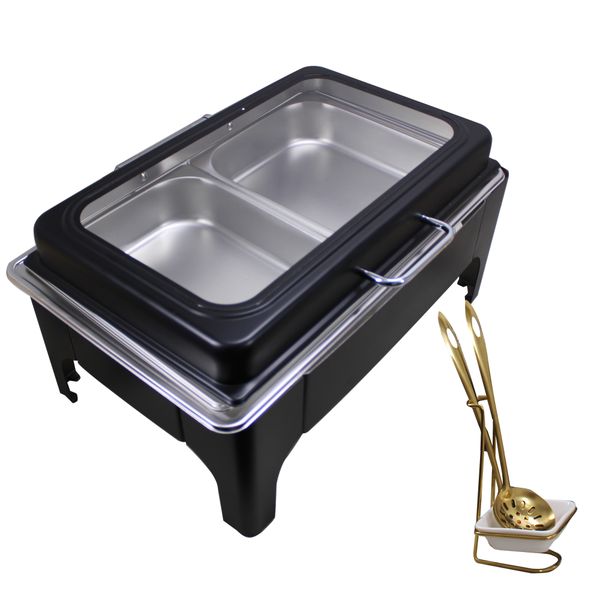LMA Rectangular Soft-Close Chafing DIsh with Window &amp; Serving Spoons Stand