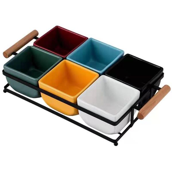 6 PCS Serving Ceramic Bowls With Tray - Multicolour