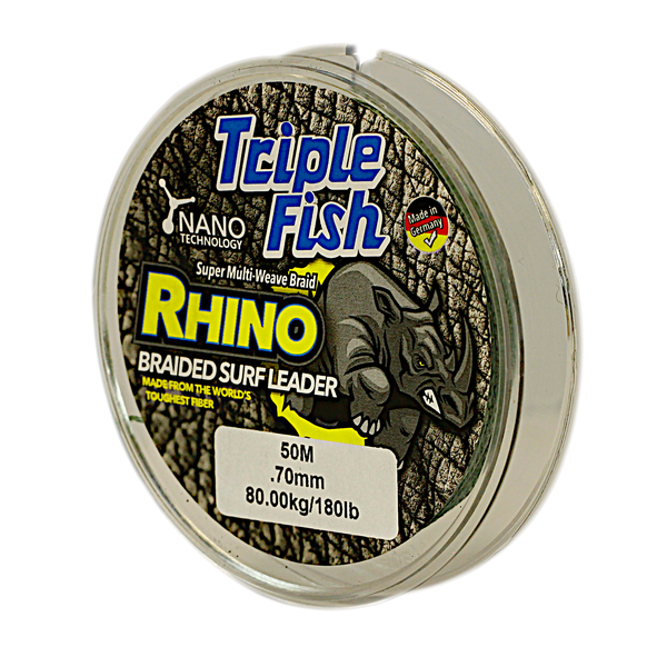 Triple Fish RHINO BRAIDED LEADER 81.6KG/180LB .70MM, Colour Green, 50m Spool