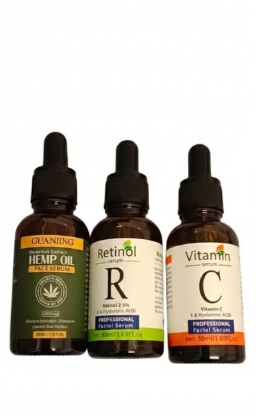 Facial Serum Trio Set - Hemp Oil, Retinol &amp; Vitamin C with Hyaluronic Acid