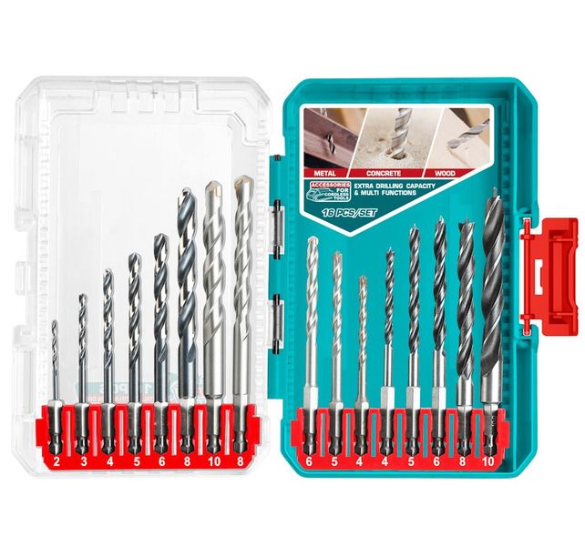 Total Tools 16 Pieces Metal, Masonry and Wood Drill Bits Set