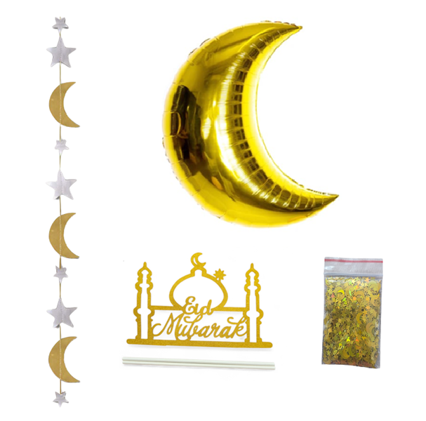 Gold Ramadaan Moon Balloon Star Confetti Decorations with Eid Cake Topper