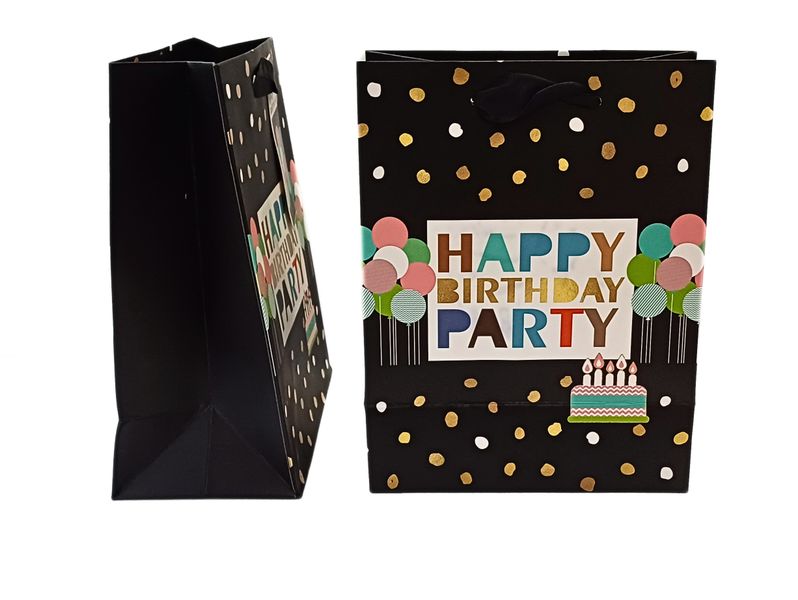 Happy Birthday Black Gift Bag - Gold &amp; Silver Sparkle Celebration Design
