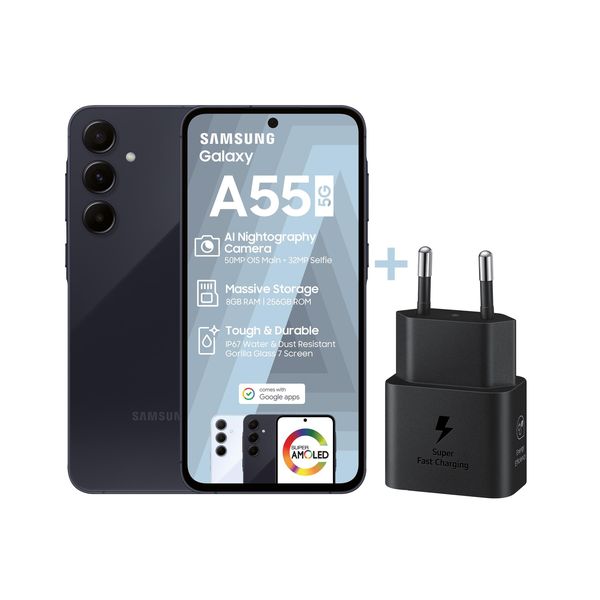 Samsung Galaxy A55 5G 256GB Dual Sim - Awesome Navy + 25W Travel Adaptor