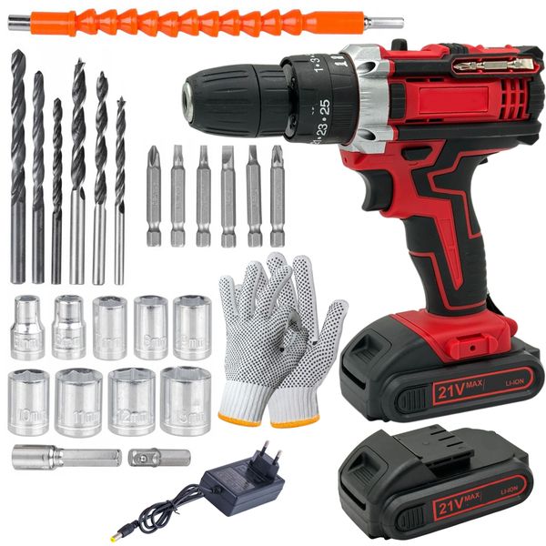 26 Pieces Wireless Red Drill Set With 2 Lithium Battery Packs, Case &amp; Gloves