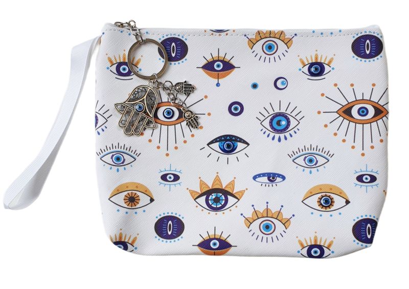 Evil Eye Inspired Clutch Bag With Silver Ornamental Hamza Charm - White