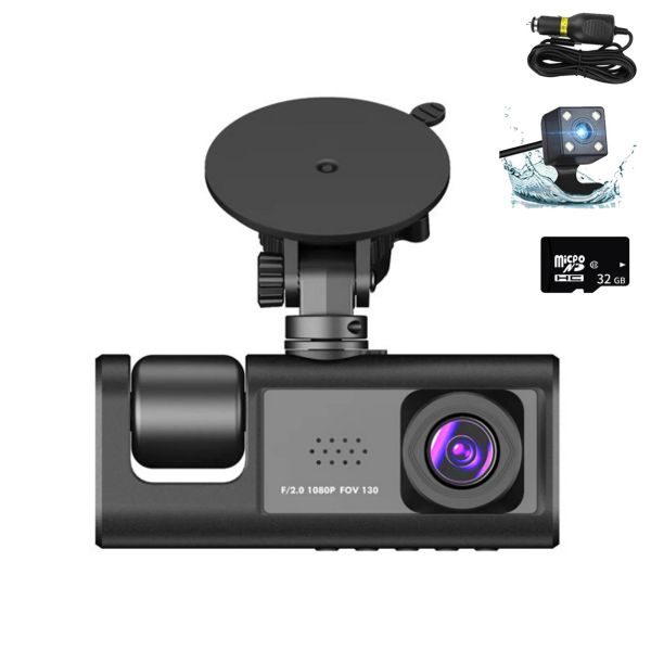 Triple Camera Dash Cam for Cars, Dash Cam for Car Front/Inside/Rear - Black