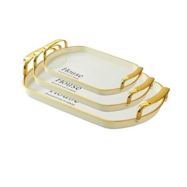 3-Piece Plastic Serving Tray Set - White with Gold-Plated Handles