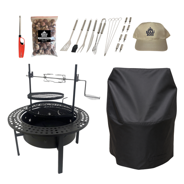 BraaiBoss 60cm Mega Fire Pit &amp; Braai Grill Bundle - Cover &amp; Starter Kit