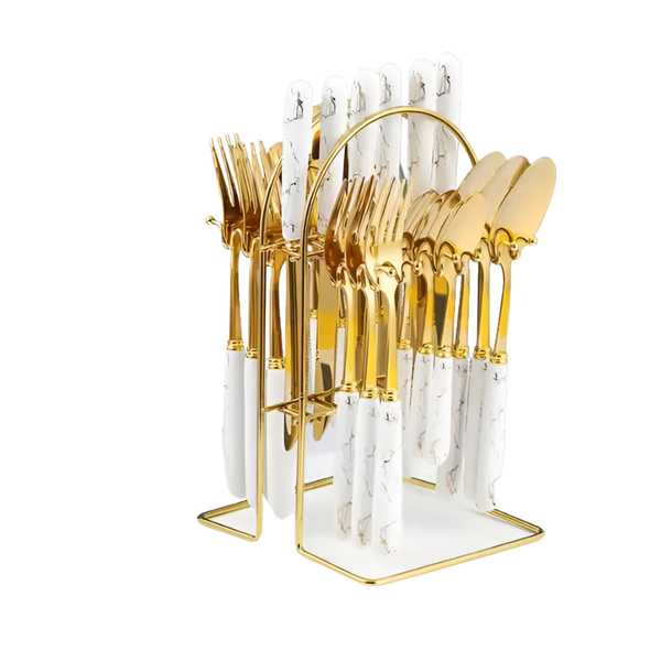 Stainless Steel Cutlery Set with Decorative Hanging Rack - 24-Piece