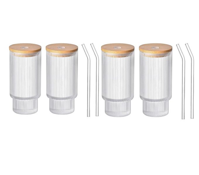 4 Vintage 450 ml Ribbed Drinking Glasses with Bamboo Lids and Straws