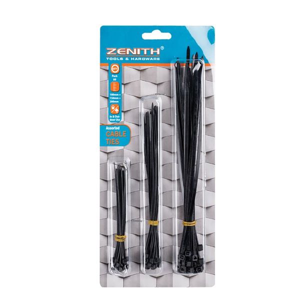 Cable Ties - Black -100mm, 150mm &amp; 200mm - 60 Piece - 12 Pack