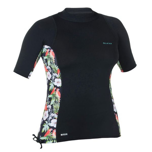 Olaian Women's UV-Protective T-Shirt Surf Top 500 Black And Floral Parrot
