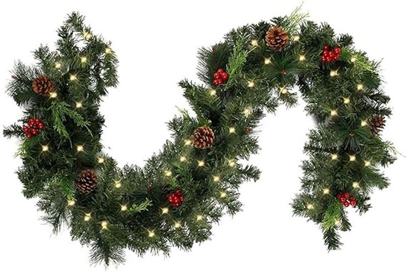 Flexxy Christmas Garland for Stairs, Fireplaces, Garland with Cones Berries