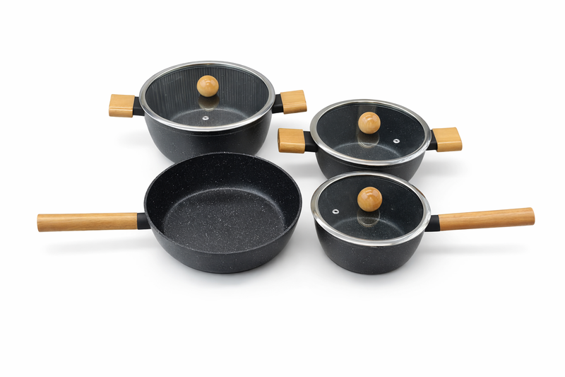 7-Piece Non-Stick Granite Cookware Set with Wooden-Style Handles
