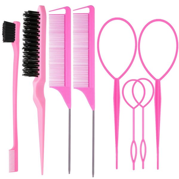 8Pcs Hair Brushes Set for Woman Girl Styling,Edge&amp;Back Brushing Pink