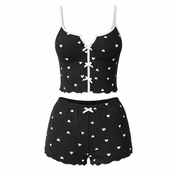Heart Print Pajama Set - Black