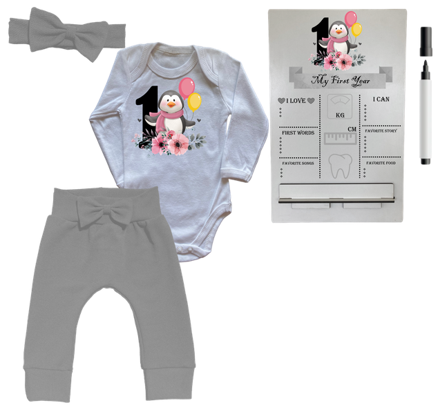 First Birthday Outfit-Long Sleeve &amp; Milestone sign-Penguin 1st