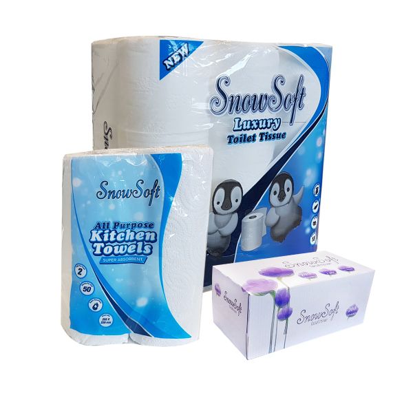 Snow Soft 2 Ply Toilet Paper 18 Pack + Kitchen Towel 2 Pack + Tissue Box
