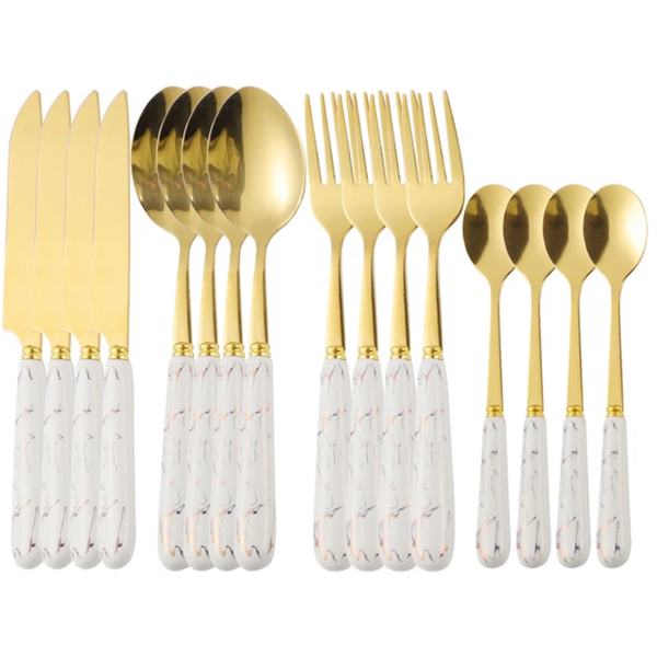 24-Piece Classy Marble Handle White and Gold Kitchen Cutlery Set