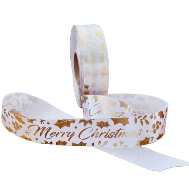 White Printed Satin - Merry Christmas Holly Design in Gold - 50m