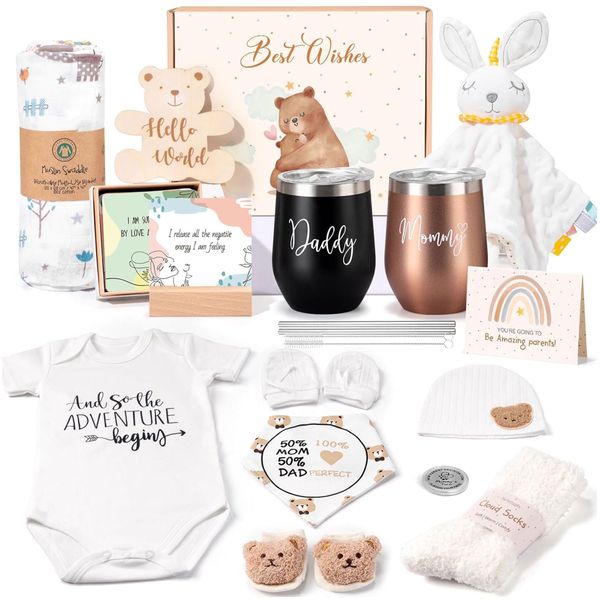14PCS New Mom &amp; Dad Gift -Baby Gift Basket,Gender Reveal Pregnancy Gift