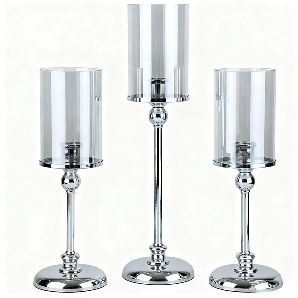 3 Pieces Pillar Candle Holder Set Home Decor with Glass Cover-26/31/36cm
