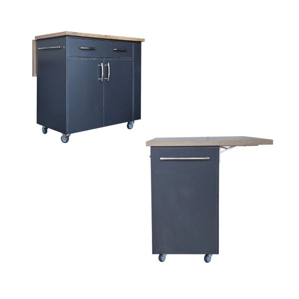 Large Kitchen Island on Wheels, Fold-Out Table &amp; Shelves -Midnight Kalahari