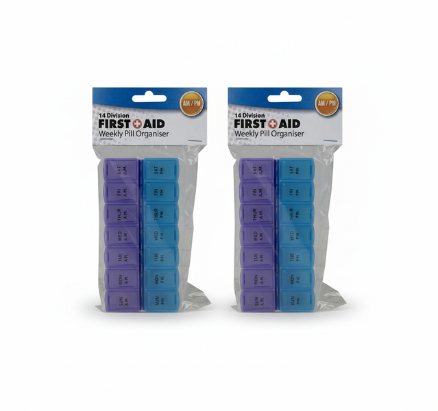 First Aid 14 Compartment Pill Organiser for Am/Pm Medication - 2 Pack