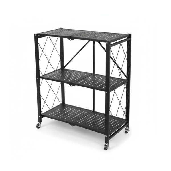3-Tier Foldable Shelf Unit | Carbon Steel Rolling Storage Rack | 85x71x34cm