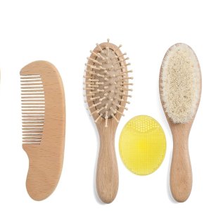 Baby Hair Brush and Comb Set for Newborn 4 Piece Wooden Hairbrush Set