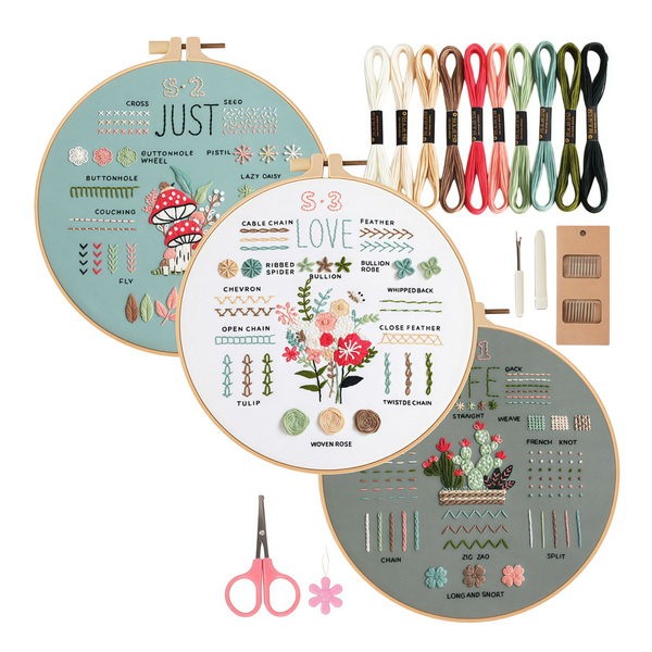 3 Floral Patterns Embroidery Kit For Beginners, Cross Stitch Set With