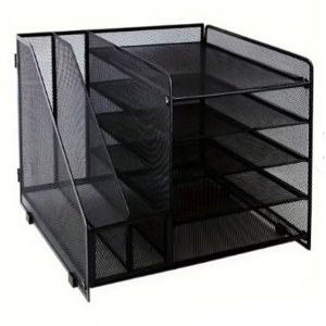 Black 5 Tier Metal Mesh Desk Organizer with Double File Holder
