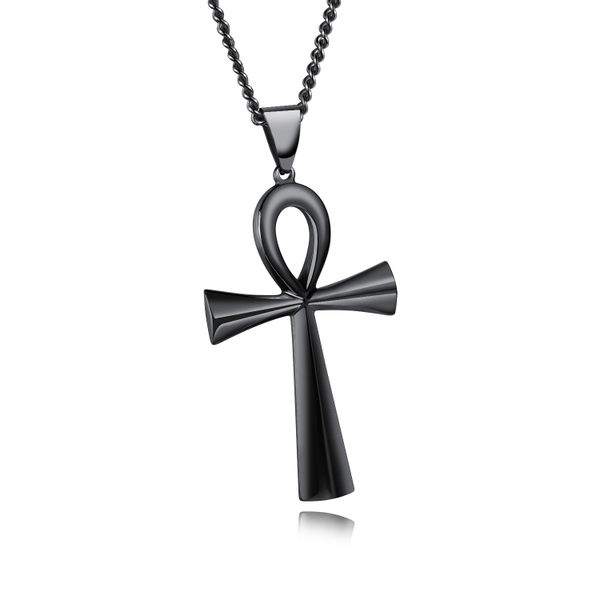 Ladies Black Egyptian Ankh Key Of Life Pendant Necklace (NL-GX1180-L-BK)