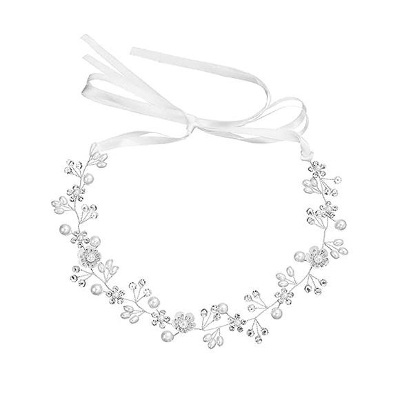 Crystal Pearl Bridal Flower Hair Vine Silver Headband for Women and Girls