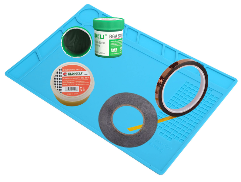 Electronics repair Kit 5pc - heat mat, tape, solder paste, flux &amp;LCD tape
