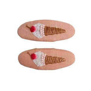Pink Ice Cream Embroidered Bow Clip Cute Kids Hair Accessory - Set of 2