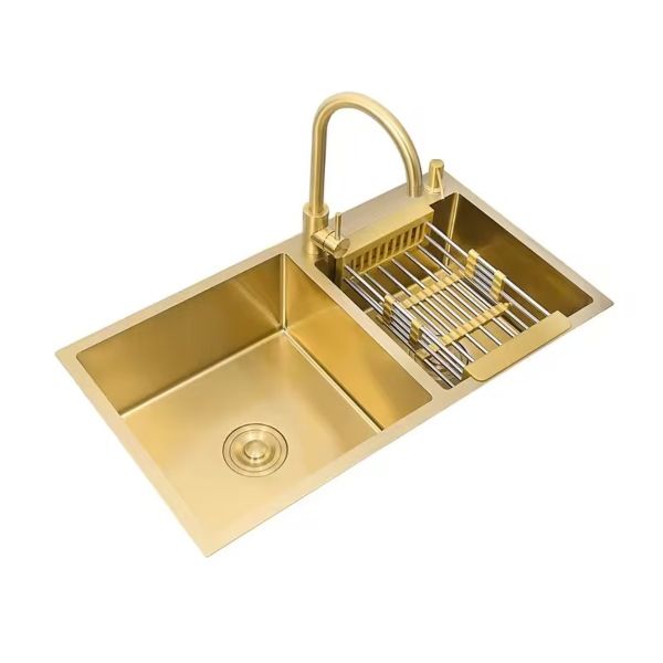 R&amp;H Brushed Gold Double Kitchen Sink With Tap
