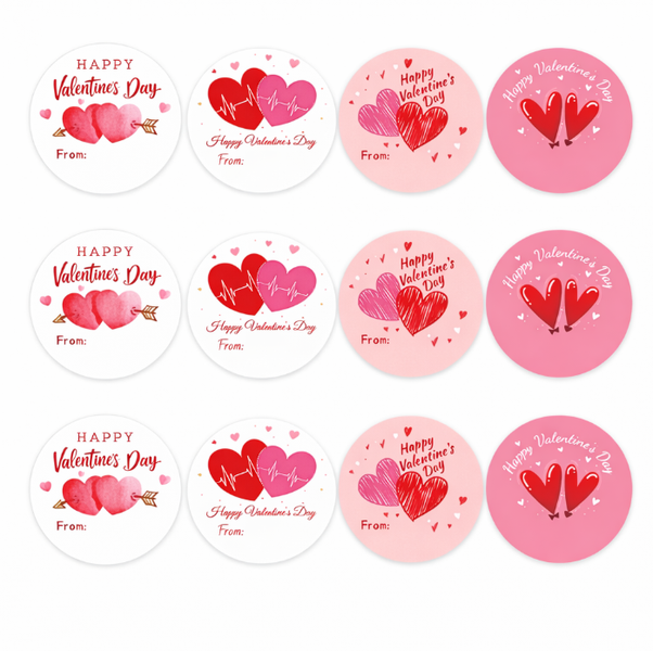 12-Piece Round Valentine's Day Heart Stickers - Assorted Designs