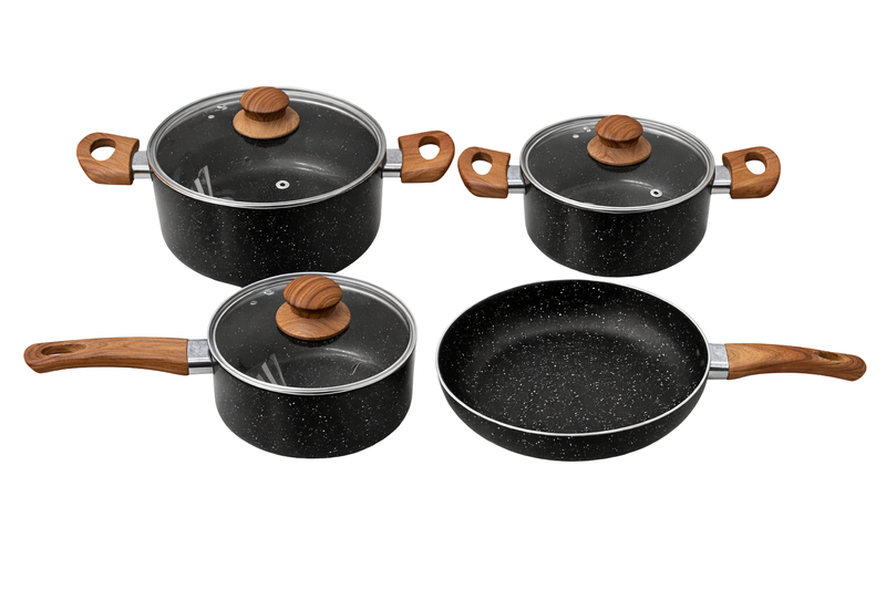 7-Piece White Granite Non-Stick Cookware Set with Wood-Effect Handles