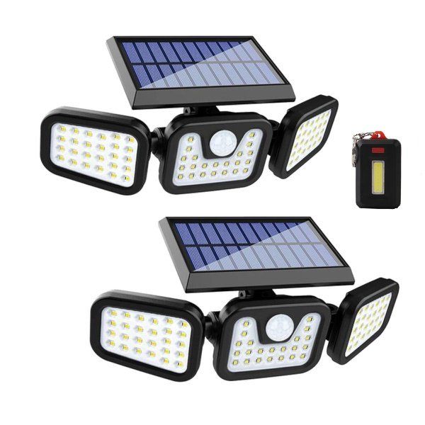 2x Solar Security Flood Light 3 Adjustable Heads With 12W Rechargeable Bulb