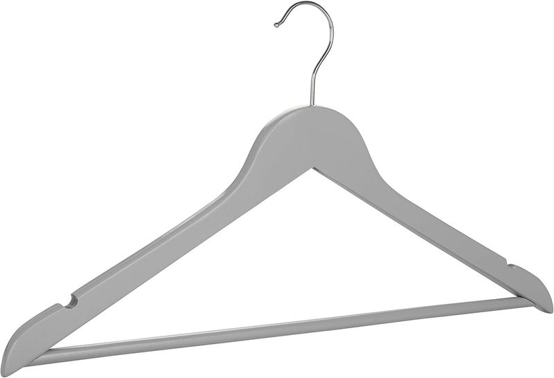 15-Piece Set Grey Wooden Clothes Hangers with Trouser Bar - 44.5×1.2cm.