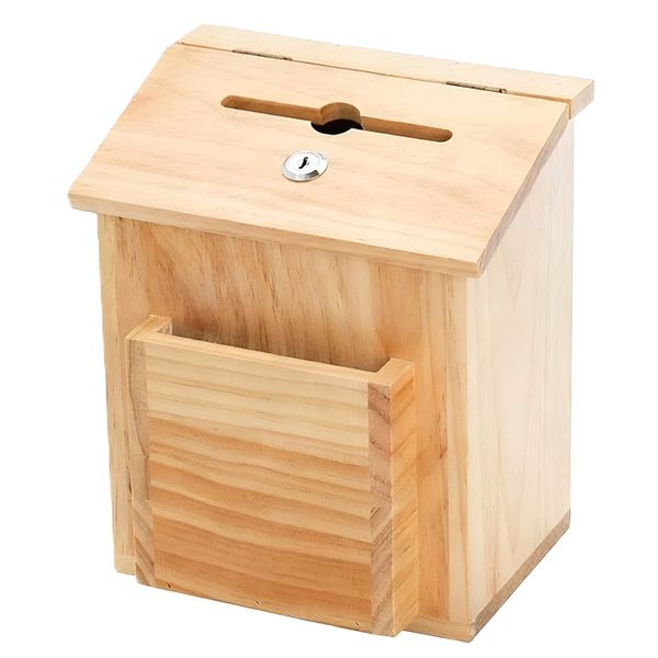 Pine Wood Suggestion Box with Lock &amp; Side Card Holder - Natural