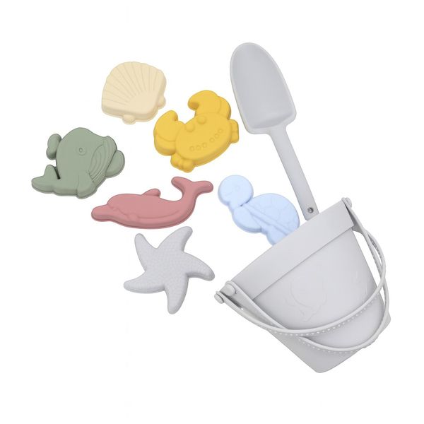 Silicone Beach Toy Set With Bucket, Shovel and Sea Animal Moulds - 8 Piece